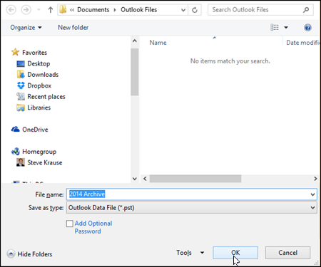 „Outlook 2016“ - pasirinkite PST failo pavadinimą ir vietą
