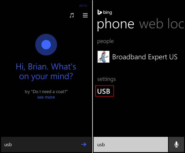 „Cortana“ USB paieška