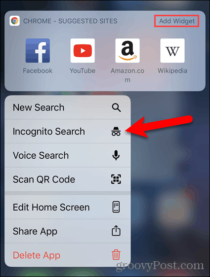 Ilgai paspauskite „Chrome“ piktogramą ir pasirinkite „Inkognito“ paieška