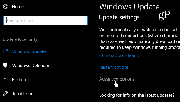 Išplėstiniai „Windows 10“ atnaujinimo nustatymai