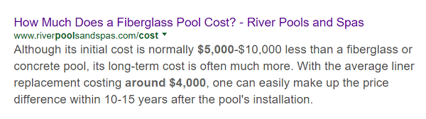„River Pools“ straipsnis apie stiklo pluošto baseino kainą pirmiausia rodomas ieškant tos temos.