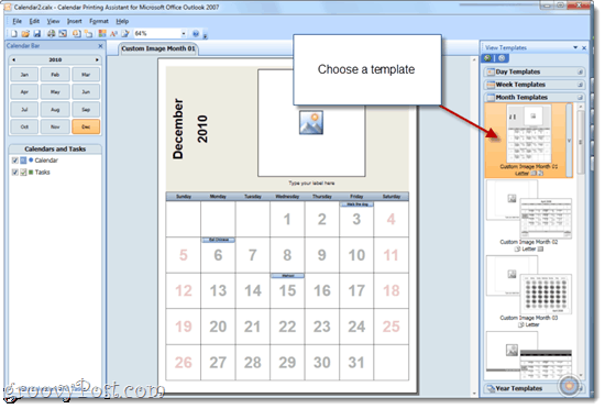 „Office 2010“ viršutinių kalendorių spausdinimas