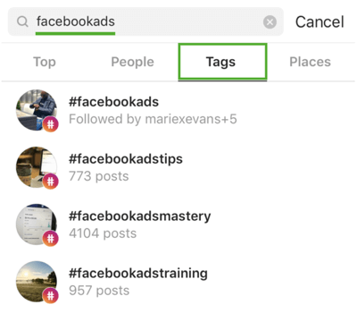 Kaip strategiškai išplėsti savo „Instagram“, atlikite 9 veiksmą, raskite atitinkamas žymas su grotelėmis, ieškokite „facebookads“ pavyzdžio