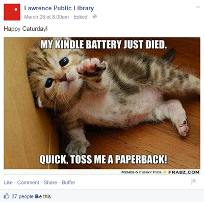 Lawrence viešosios bibliotekos feisbuko įrašas