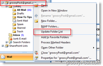 Atnaujinkite „iMAP GMAIL“ aplankų sąrašą „Outlook 2007“ naršymo įrankių juostoje