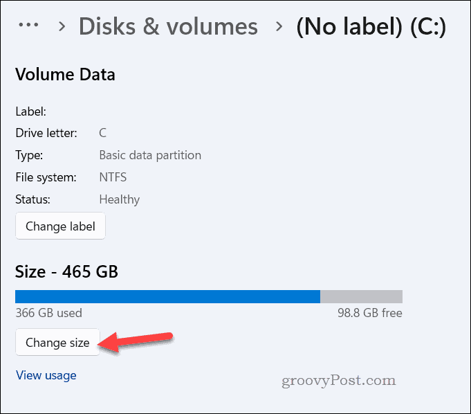 Keisti disko dydį „Windows 11“ nustatymuose