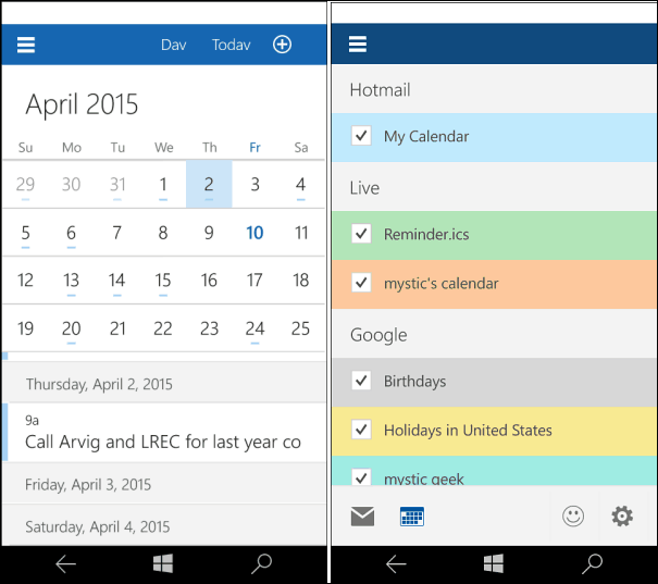 „Windows 10“ telefonų kalendoriui