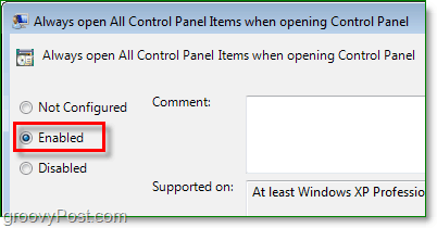 įjungti parinktį visada atidaryti visus valdymo skydelio elementus „Windows 7“