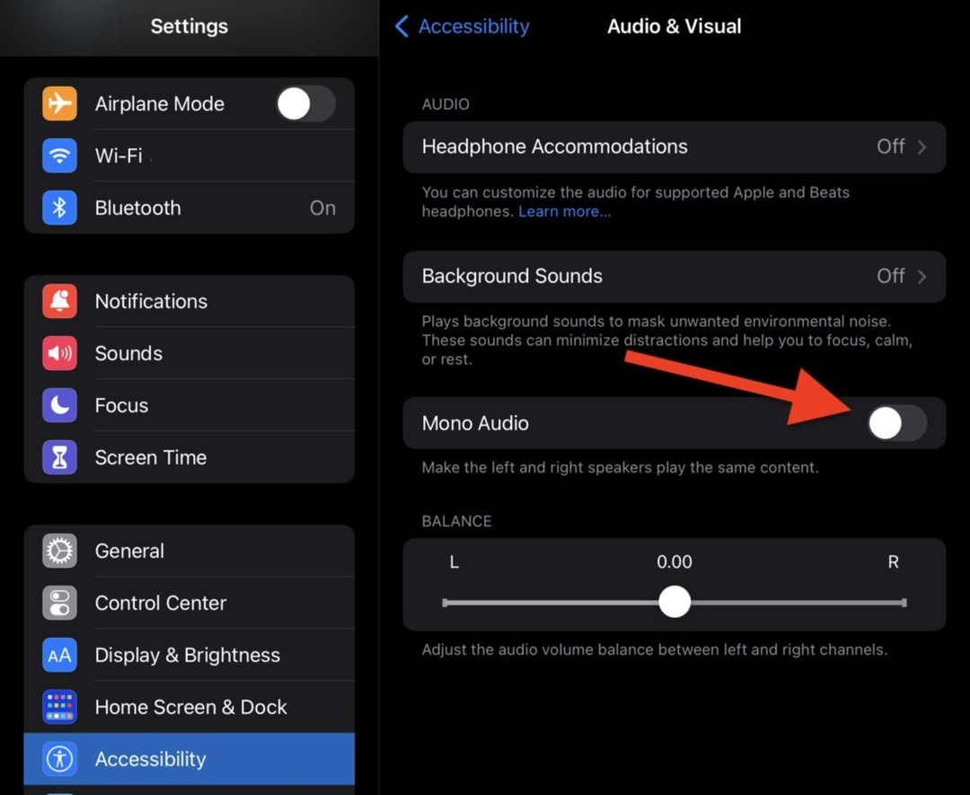 Įgalinkite ir išjunkite parinktį Mono Audio savo iPad garso ir vaizdo nustatymuose