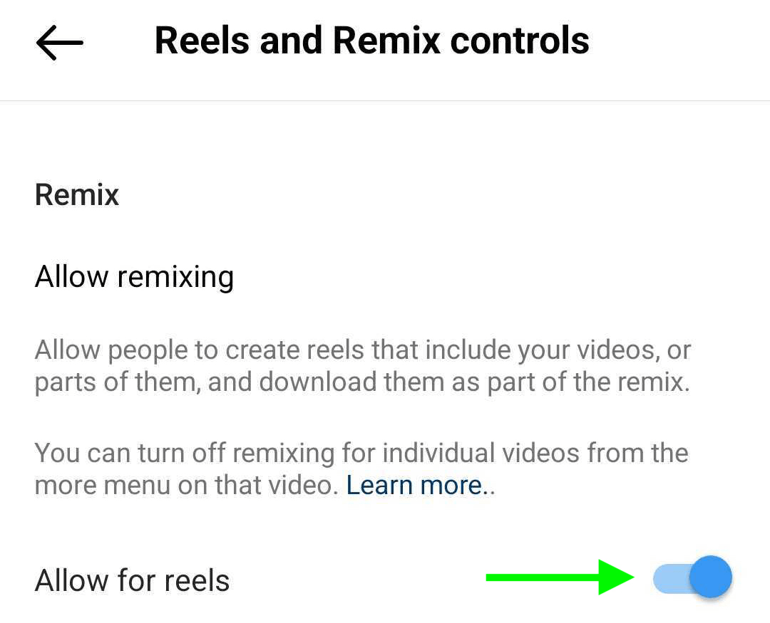 Reels ir Remix Controls vaizdas Instagram verslo profilio nustatymuose