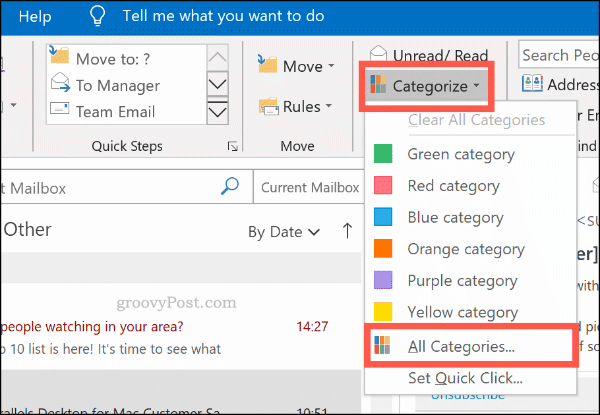 „Outlook“ spalvų kategorijų meniu
