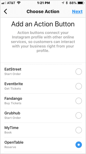 Pasirinkite veiksmo mygtuką, kad pridėtumėte jį prie „Instagram“ verslo profilio.