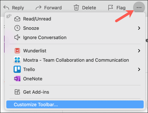 Žr. Daugiau elementų, tinkinkite įrankių juostą „Outlook“ sistemoje „Mac“
