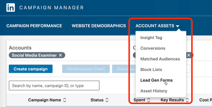 „LinkedIn Campaign Manager“ pasirinktų „Lead Gen Forms“ ekrano kopija