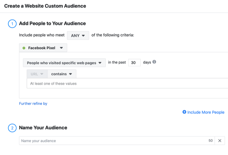 „facebook“ pavyzdys sukurkite tinkintos svetainės auditorijos meniu su galimybe pridėti visus aplankytus žmones konkrečius tinklalapius per pastarąsias 30 dienų naudodami „Facebook“ pikselį kartu su galimybe įvardyti savo auditoriją