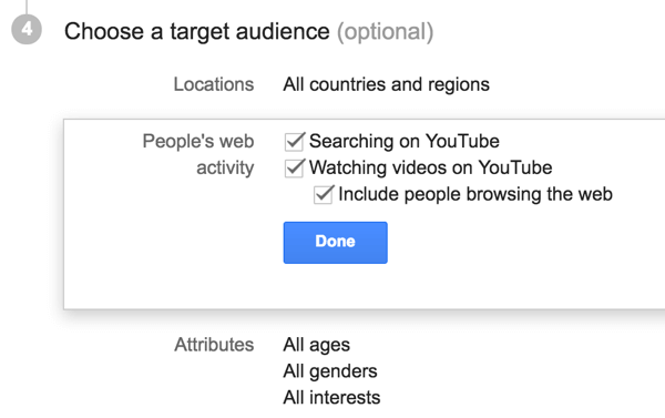 Pasirinkite tikslinę „YouTube“ skelbimo auditoriją.