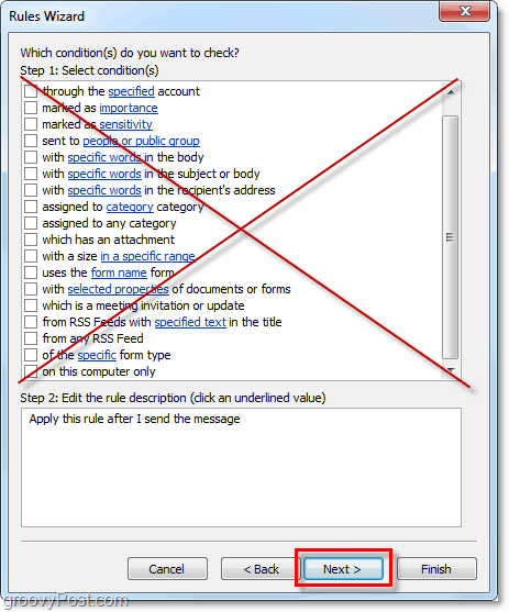 nesirinkite jokių „Outlook 2010“ siunčiamų el. laiškų sąlygų
