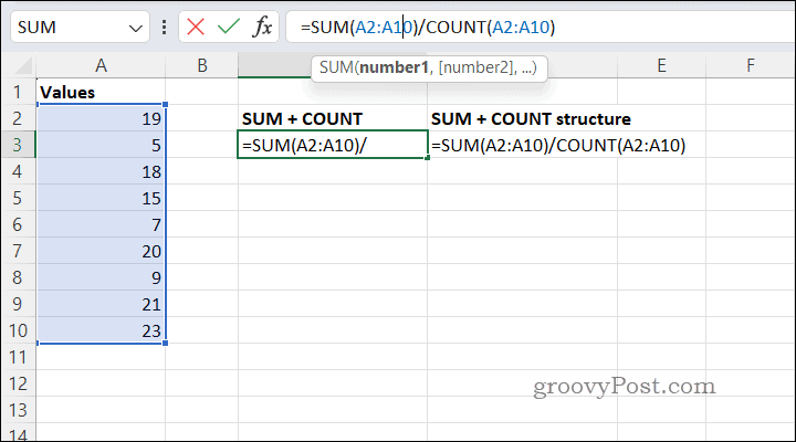 Vidurkių skaičiavimas naudojant SUMCOUNT programoje „Excel“.