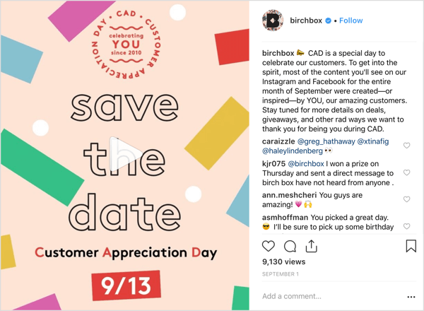 „Birchbox“ paskyra „Instagram“ paskyrė pasekėjus pasiūlymais, dovanomis ir staigmenomis, pažymint klientų įvertinimo dieną.