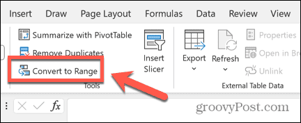 „Excel“ konvertuoti į diapazoną mygtuką