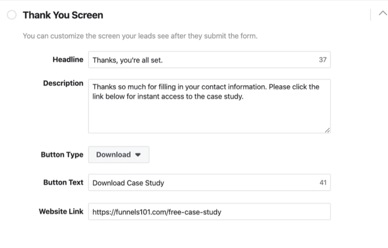 Ačiū ekrano „Facebook“ potencialių klientų formos nustatymo proceso dalis