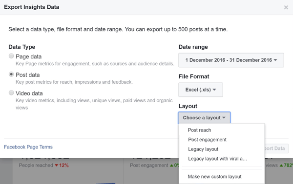 Eksportuodami „Facebook Post Data Insights“, pasirinkite išdėstymą.