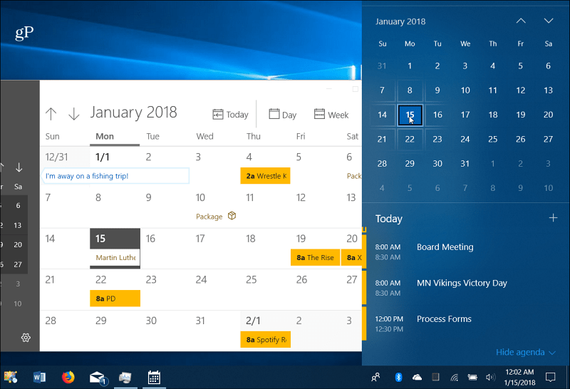 Kalendoriaus įvykiai „Windows 10“ užduočių juosta
