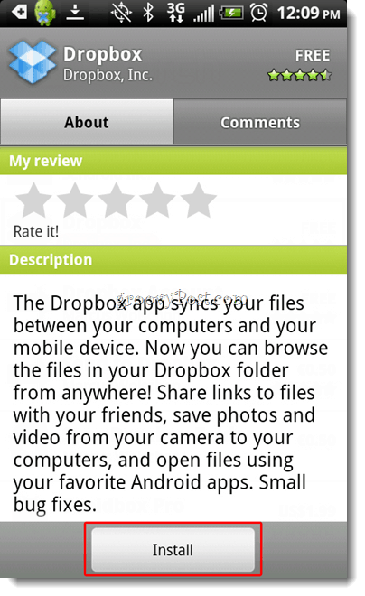 „Android Dropbox“ diegimas