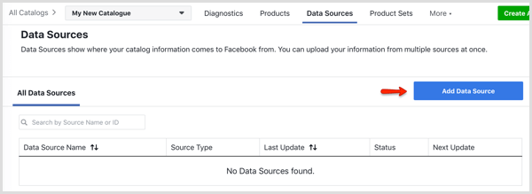 Mygtukas Pridėti duomenų šaltinį „Facebook“ katalogo tvarkyklės skirtuke Duomenų šaltiniai