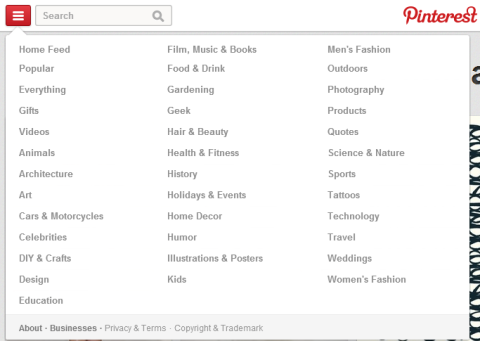 „Pinterest“ naujų kategorijų skyrius