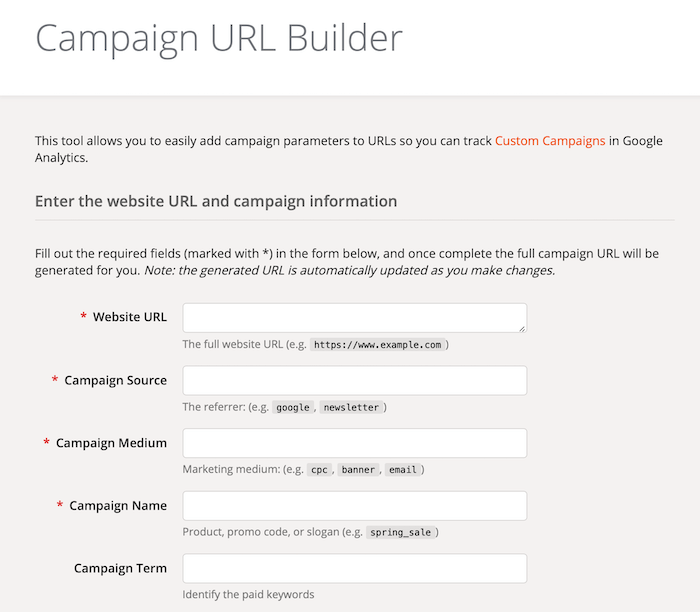 „Google Analytics“ kampanijos URL kūrimo priemonės formos laukai