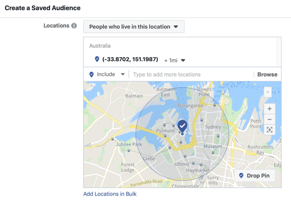 Kaip reklamuoti tiesioginį įvykį „Facebook“, 5 žingsnis, galimybė sukurti išsaugotą auditoriją pagal įvykio vietą