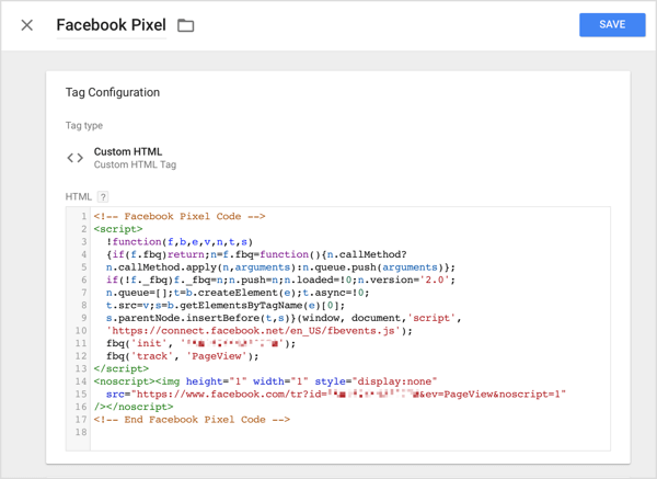„Google“ žymų tvarkyklėje spustelėkite parinktį Tinkintas HTML ir įklijuokite iš „Facebook“ nukopijuotą stebėjimo kodą į HTML laukelį.