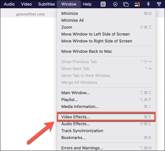 Prieiga prie VLC vaizdo efektų meniu „Mac“