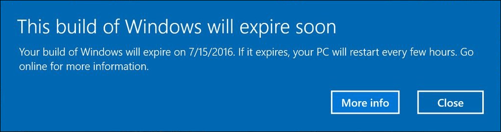 „Windows 10 Insider“ peržiūra sukuria įspėjamuosius vartotojus su pranešimais apie galiojimo pabaigą
