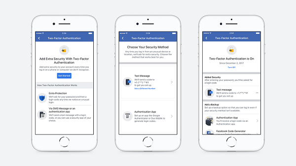 „Facebook“ supaprastino sąrankos srautą, kuris leidžia vartotojams nustatyti dviejų veiksnių įgaliojimą ir pašalino poreikį registruoti telefono numerį, kad apsaugotų paskyrą.
