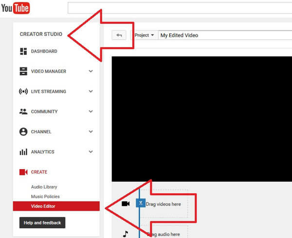atidarykite vaizdo įrašų rengyklės įrankį „YouTube“ kūrėjų studijoje