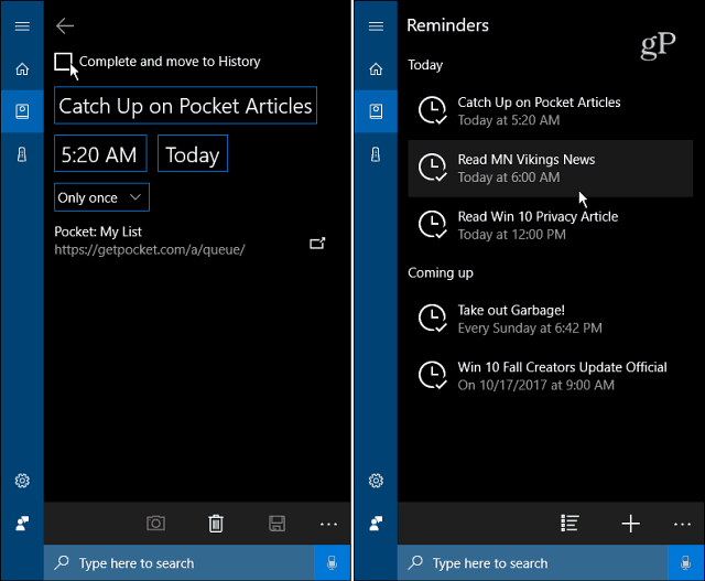 „Cortana“ priminimų sąrašas