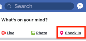 Galimybė pasirinkti „Facebook Business“ puslapio „Check Ins“.