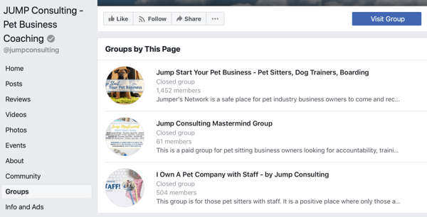 Kaip naudotis „Facebook Groups“ funkcijomis, grupių „Facebook“ puslapyje pavyzdžiu, „JUMP Consulting“