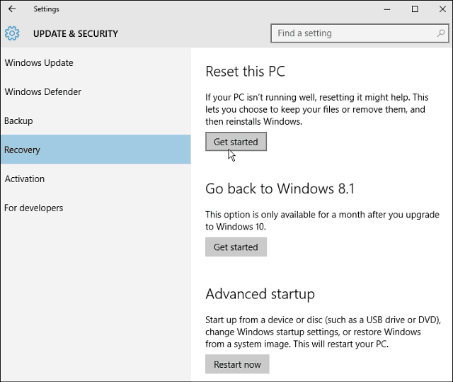 Iš naujo nustatyti šį kompiuterį „Windows 10“