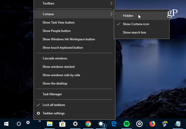 slėpti „Cortana“ paieškos laukelį