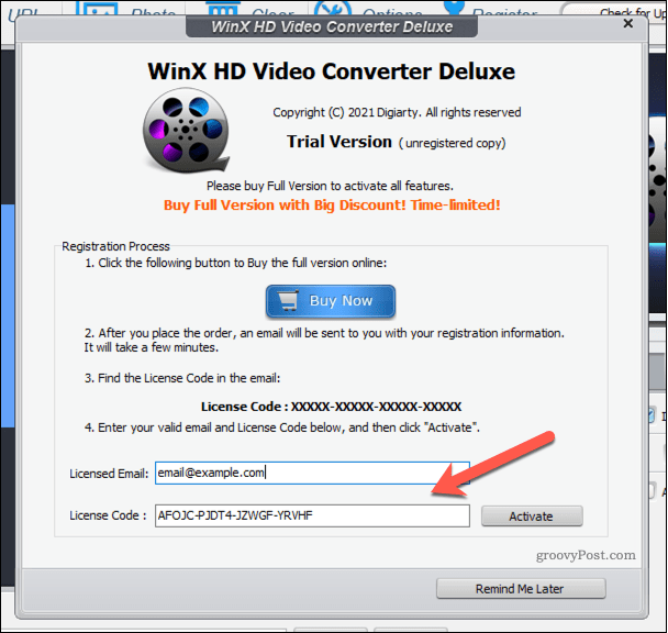 „WinX Video Converter“ licencijos pridėjimas