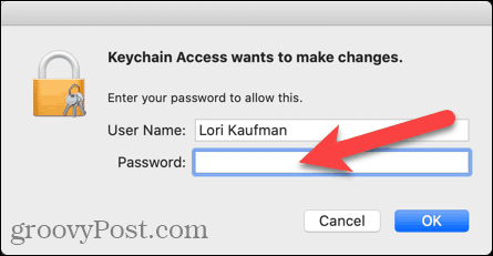 Įveskite „Keychain Access“ vartotojo vardą ir slaptažodį