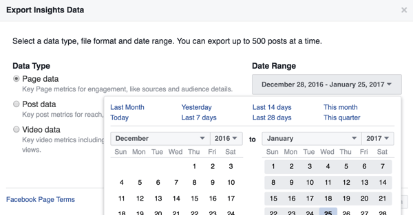 Galite pakeisti atsisiunčiamų „Facebook Insights“ duomenų dienų seką.