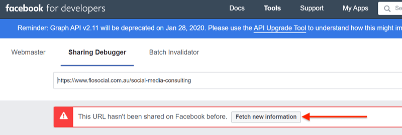 2 žingsnis, kaip naudoti „Facebook Sharing Debugger“ įrankį