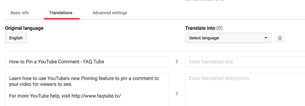 „YouTube“ vaizdo įrašo skirtuke „Vertimai“ įveskite išverstą pavadinimą ir aprašą.