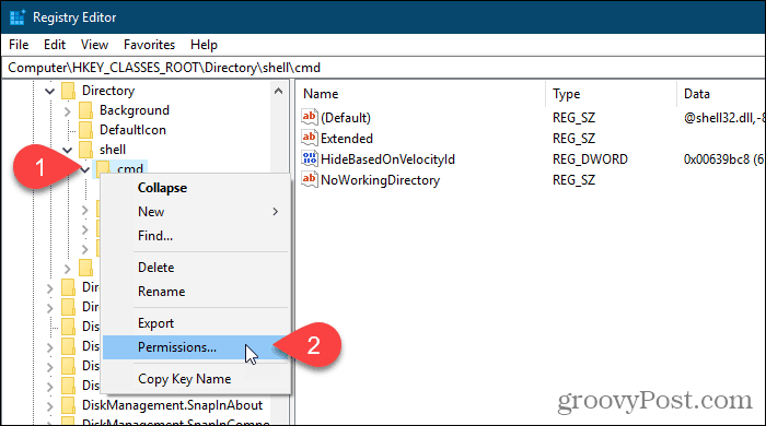 Dešiniuoju pelės mygtuku spustelėkite registro raktą ir „Windows“ registro rengyklėje pasirinkite Leidimai