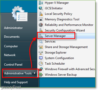 Ekrano vaizdas - „Windows Server 2008“ paleiskite serverio tvarkytuvę