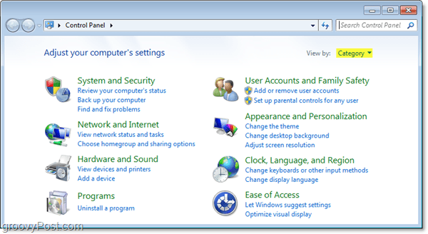 „Windows 7“ valdymo skydelis kategorijos rodinyje